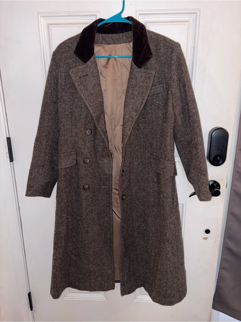 Brown Herringbone Wool Pea Coat with Velvet Collar